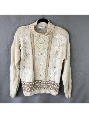 Vintage M.j.carroll Sweater Womens M cream Floral Embroidered Bobble Knit Chunky